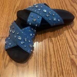 Denim bling slide sandals